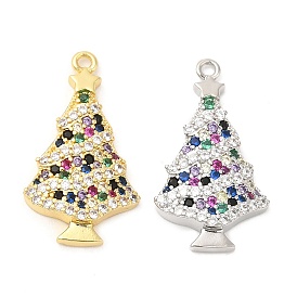 Rack Plating Brass Pave Cubic Zirconia Pendants, Long-Lasting Plated, Cadmium Free & Lead Free, Christmas Tree