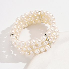 Elegant Three-Layer Plastic Imitation Pearl Bracelets, with Alloy Rhinestone Multi-strand Links