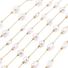 Ion Plating(IP) 304 Stainless Steel Paperclip Chains, Soldered, with ABS Imitation Pearl Beads, Oval