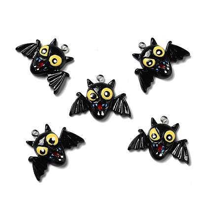 Halloween Opaque Resin Pendants, with Platinum Tone Iron Loops, Bat