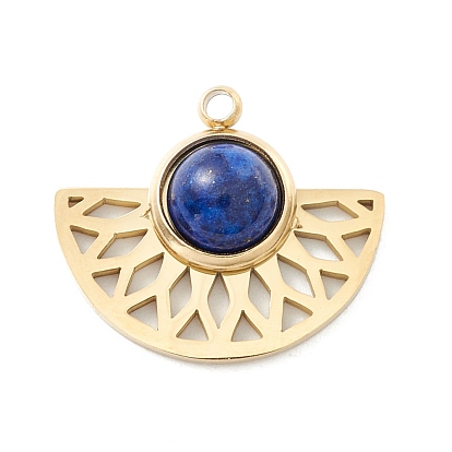 Ion Plating(IP) 304 Stainless Steel Pendants with Synthetic Lapis Lazuli or Sesame Jasper Cabochon, Fan