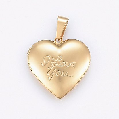 304 Stainless Steel Locket Pendants, Heart with Word I Love You, For Valentine's Day