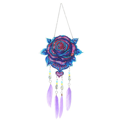 DIY Rose Flower Diamond Painting Web with Feather Wind Chime Kits, Including Resin Rhinestones, Diamond Sticky Pen, Tray Plate and Glue Clay