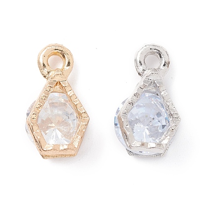Alloy Clear Cubic Zirconia Charms, Long-Lasting Plated, Polygon