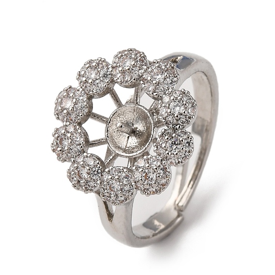 Оправы для колец-манжет из цветочной латуни с микропаве из прозрачного кубического циркония, за половину пробурено бисера, без кадмия и без свинца