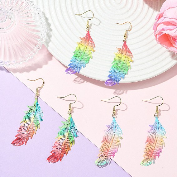 3 Парные серьги с перьями, раскрашенные аэрозольной краской 430 Серьги-подвески из нержавеющей стали, с 201 фурнитурой из нержавеющей стали и 304 фурнитурой для сережек из нержавеющей стали, золотые