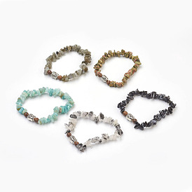 Mixed Gemstone and Wood Beads Stretch Bracelets, with Alloy Findings, Buddha Head and Chip