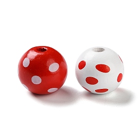 Printed Wood European Beads, Round with Dot Pattern