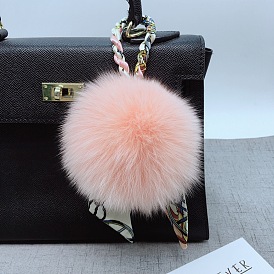 Fluffy Fox Fur Pom-Pom Bag Charm for Fashionable Women - Plush Accessory with Keyring