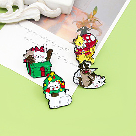 Funny Cat Christmas Brooch with Santa and Reindeer Design