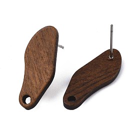 Walnut Wood Stud Earring Findings, with Hole and 304 Stainless Steel Pin, Twist Oval