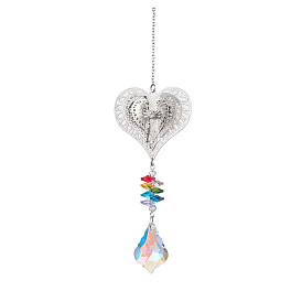 Brass Hollow Heart/Owl/Angel/Butterfly Hanging Ornaments, Stainless Steel Chain and Glass Leaf Tassel for Home Garden Outdoor Decorations