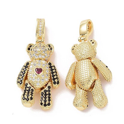 Brass Micro Pave Cubic Zirconia Pendants, Mechanical Charm, Bear Charm