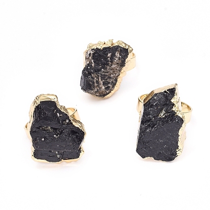 Edge Plated Natural Black Tourmaline Adjustable Finger Rings, with Brass Findings, Nuggets