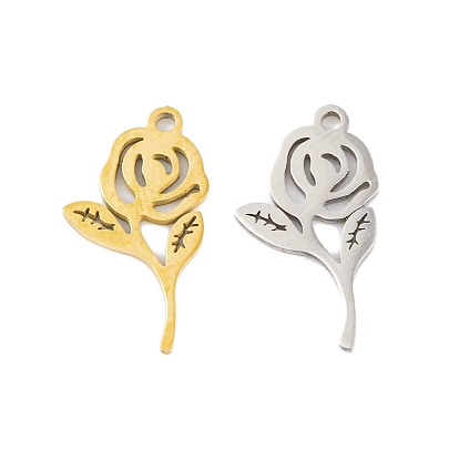 5Pcs 201 Stainless Steel Pendants, Laser Cut, Rose Charm