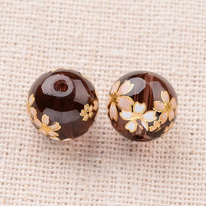 Flower Picture Printed Glass Round Beads