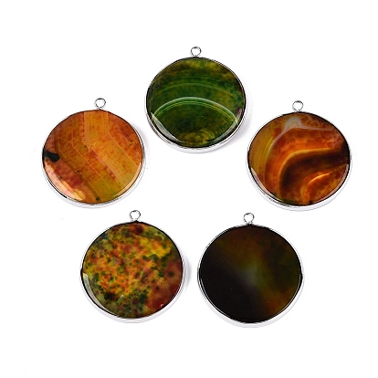 Natural Fire Crackle Agate Coin Pendants, Brass Flat Round Bezeled Charms, Dyed & Heated, Chocolate Color
