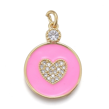 Valentine's Day Brass Micro Pave Cubic Zirconia Pendants, with Enamel, Long-Lasting Plated, Real 18K Gold Plated, Flat Round with Heart