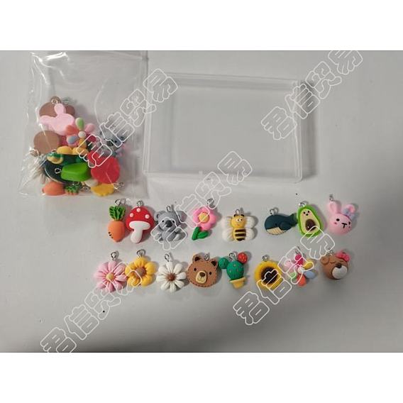 32Pcs 16 Style Resin Pendants, with Platinum Iron Peg Bail, Mixed Shapes