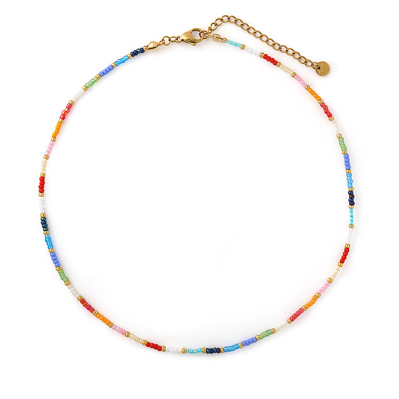 Bohemian Rainbow Color Round Glass Seed Beaded Necklaces for Women, Golden
