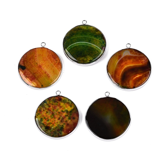 Natural Fire Crackle Agate Coin Pendants, Brass Flat Round Bezeled Charms, Dyed & Heated, Chocolate Color