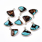 Fan Assembled Natural Bronzite and Synthetic Turquoise Pendants, with Iron Loop and Brass Edge, Light Gold
