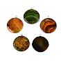 Natural Fire Crackle Agate Coin Pendants, Brass Flat Round Bezeled Charms, Dyed & Heated, Chocolate Color