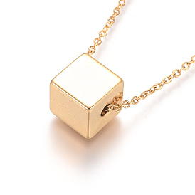 304 Stainless Steel Pendant Necklaces, with Cable Chains and Lobster Claw Clasps, Cube