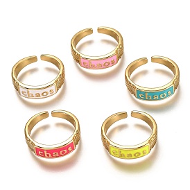 Brass Enamel Cuff Rings, Open Rings, Word Chaos, Real 18K Gold Plated, Long-Lasting Plated