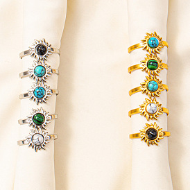 Регулируемые 304 манжеты из нержавеющей стали с открытыми кольцами для женщин, солнце, золотой / нержавеющая сталь цвета