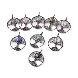 Драгоценный камень большие кулоны, проволочные подвесные подвески, С латунными красными медными тонами, плоские круглые с дерева жизни