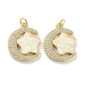 Brass Micro Pave Clear Cubic Zirconia Pendants, with Synthetic Opal and Jump Rings, Real 18K Gold Plated, Moon with Star Charms