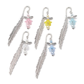Acrylic Flower Angel Bookmark with Imitation Pearl, Tibetan Style Alloy Feather Bookmarks