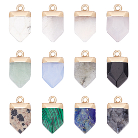 12Pcs 12 Style Mixed Gemstone Pointed Pendants, with Light Gold Plated Top and Brass Loop, Arrow, Faceted