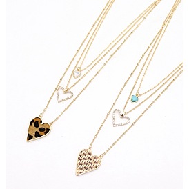 Triple-layered Woven Heart Leopard Print Necklace with Rhinestone Accents