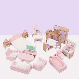 Mini Wooden Doll House Furniture Sets, Miniature Bed Sofa Bathtub, for Dollhouse Decorations