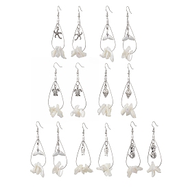 6 Pairs 6 Styles Natural Trochid Shell Dangle Earrings, with Alloy Pendants, Brass Earring Hooks and 304 Stainless Steel Finding, Marine Theme