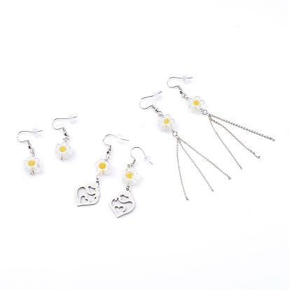Millefiori Glass Flower Dangle Earrings Set, with 304 Stainless Steel Earring Hooks and Ear Nuts