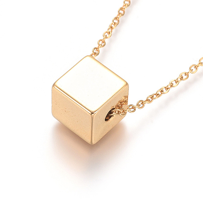 304 Stainless Steel Pendant Necklaces, with Cable Chains and Lobster Claw Clasps, Cube