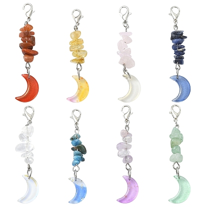 8 piezas 8 colores de vidrio transparente luna y piedras preciosas chip colgante decoraciones, con cierre de langosta, Platino