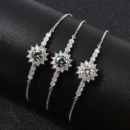 925 ссылка стерлингового серебра браслеты, браслеты-цепочки для женщин, цветок, с муассанитовым стразом