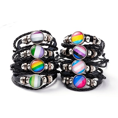 PU Leather Braided Cord Multi-strand Bracelet, Flat Round with Stripe Pattern Alloy Links and Beads Bracelet for Men Women, Platinum