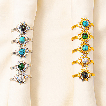 Регулируемые 304 манжеты из нержавеющей стали с открытыми кольцами для женщин, солнце, золотой / нержавеющая сталь цвета