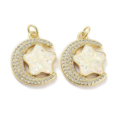 Latón micro pavimenta claro colgantes de circonio cúbico, sin plomo y cadmio, con ópalo sintético y anillas, real 18 k chapado en oro, Luna con encantos de estrellas
