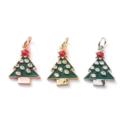 Christmas Style Brass Micro Pave Clear Grade AAA Cubic Zirconia Pendants, with Colorful Enamel & Jump Rings, Long-Lasting Plated, Christmas Tree