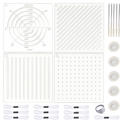 Embroidery Tool Sets, including Acrylic Drawing Line Template, Polycotton Embroidery Threads, Rubber Disposable Fingerstall, Iron Yarn Needles & Thimble Rings