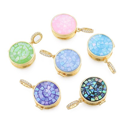 Brass Micro Pave Clear Cubic Zirconia Locket Pendants, with Natural Abalone Shell/Paua Shell, Dyed, Nickel Free, Real 18K Gold Plated, Flat Round Charm with Virgin Mary Pattern Inside