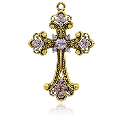 Antique Golden Plated Latin Cross Alloy Rhinestone Big Pendants, 75x50x6mm, Hole: 3.5mm