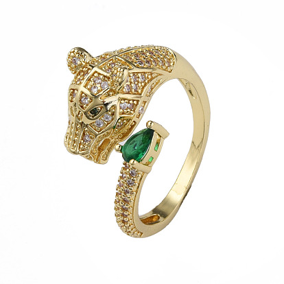 Cubic Zirconia Leopard Open Cuff Rings, Real 18K Gold Plated Brass Jewelry for Women, Nickel Free