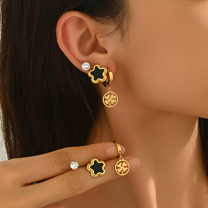 3 комплекты серег из нержавеющей стали с цветком и плоскими круглыми серьгами, со стразами